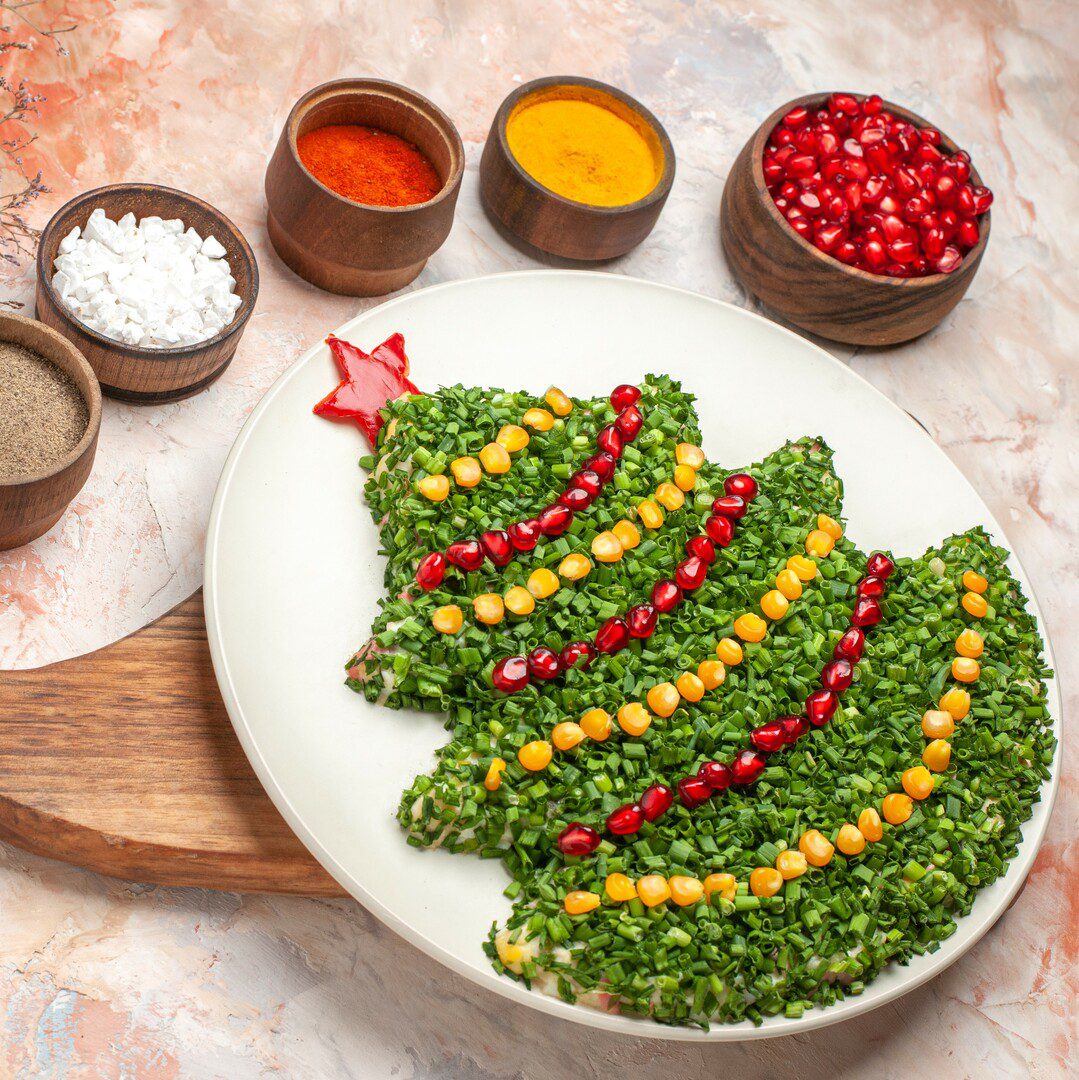 top view tasty holiday salad in new year tree shape on a light background photo meal xmas new year color
